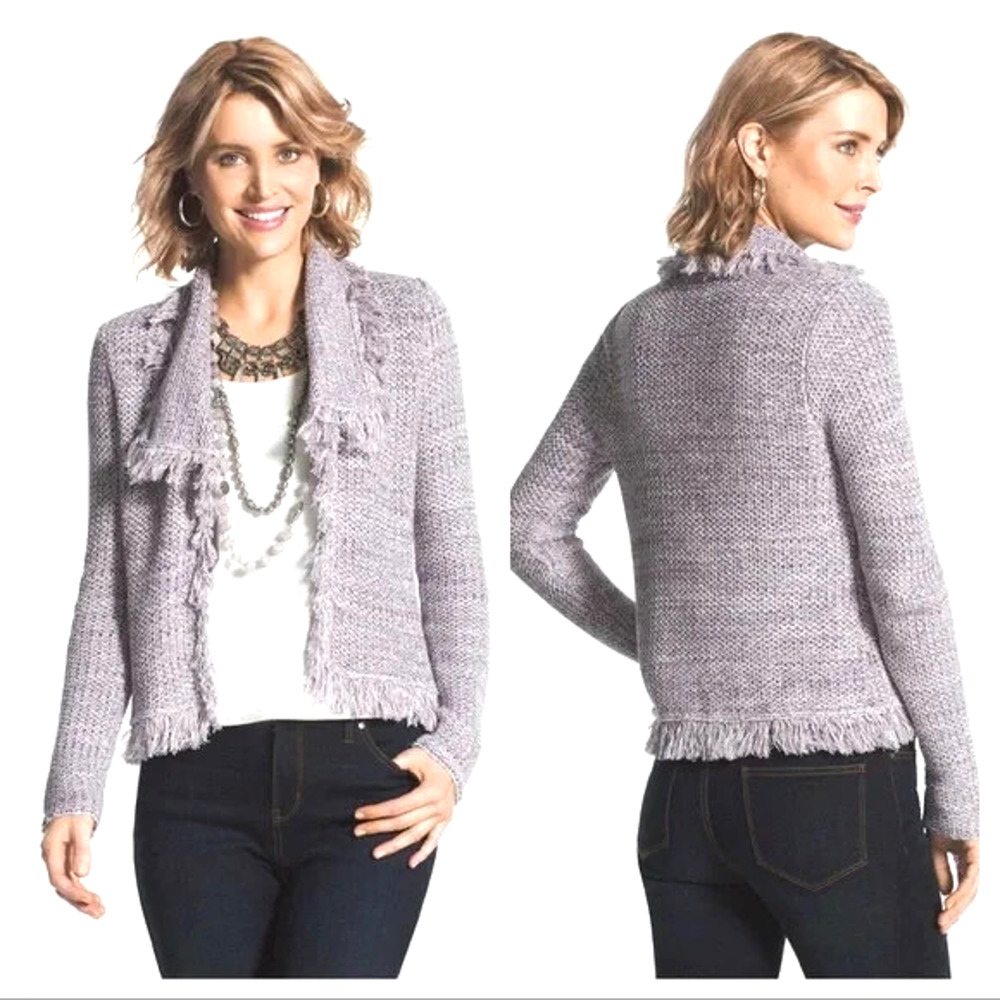 Chicos Sweater Medium 1 Purple Metallic‎ Fringe Cardigan Cropped Knit Jacket